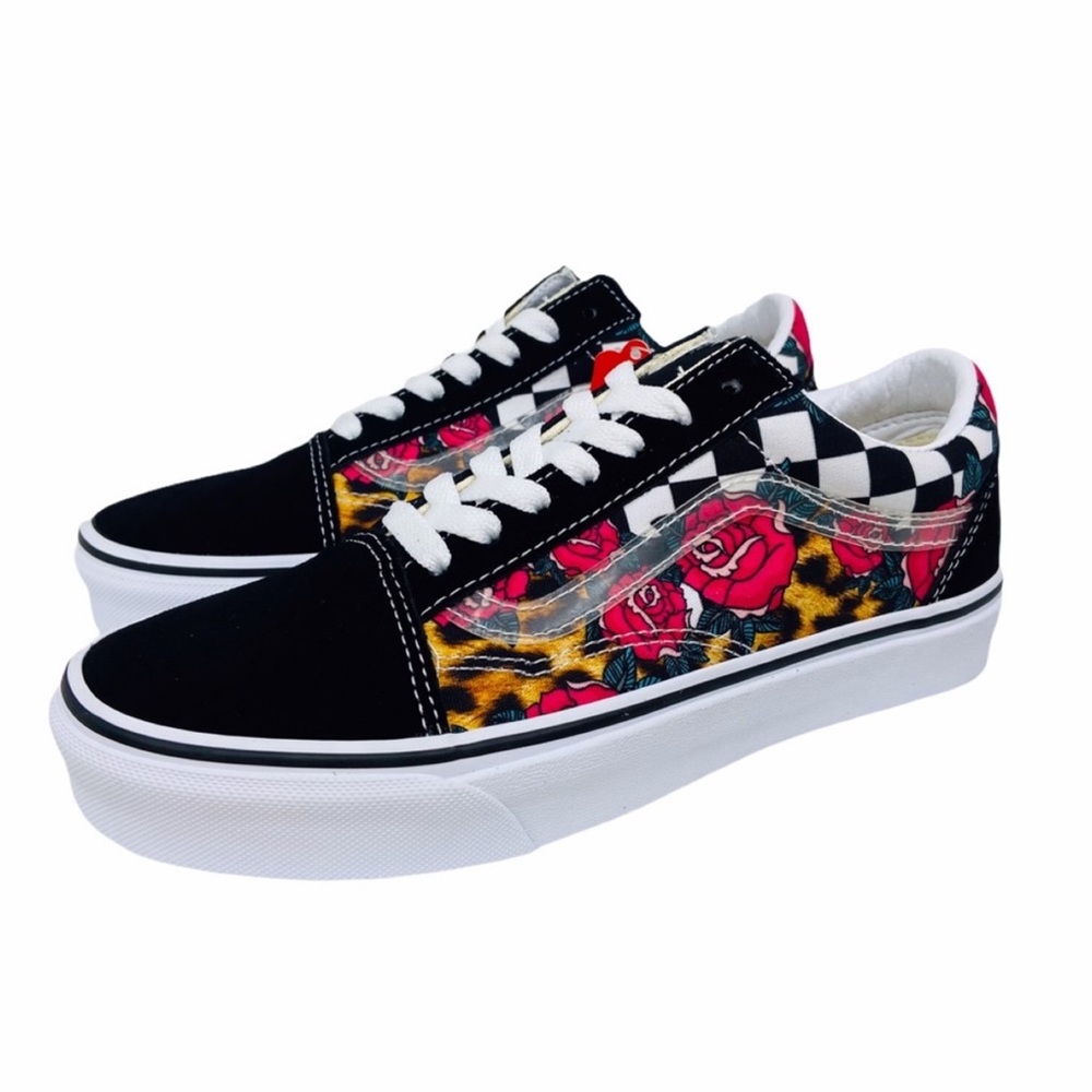 Vans Old Skool Rose Animal Checkered Black Dark Romance Gothic Rose Sneakers